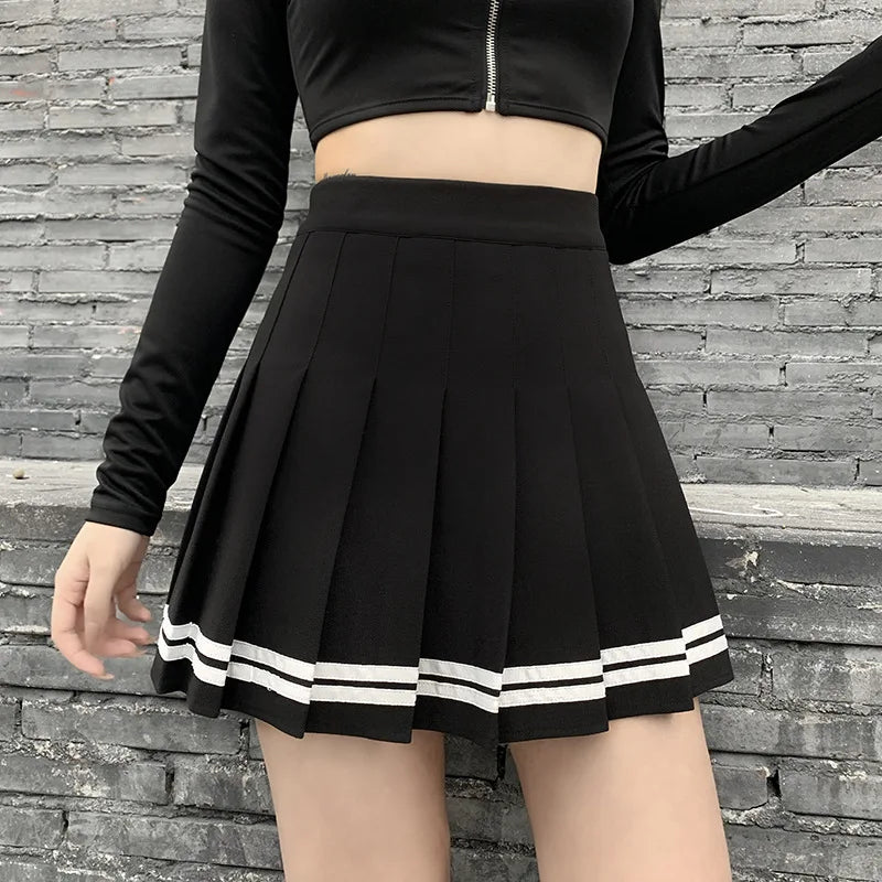 Women's Striped Pleated Mini Skirt – Gothic Y2K Streetwear A-Line Skirt