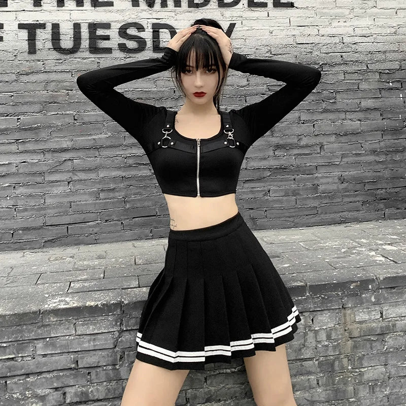 Women's Striped Pleated Mini Skirt – Gothic Y2K Streetwear A-Line Skirt