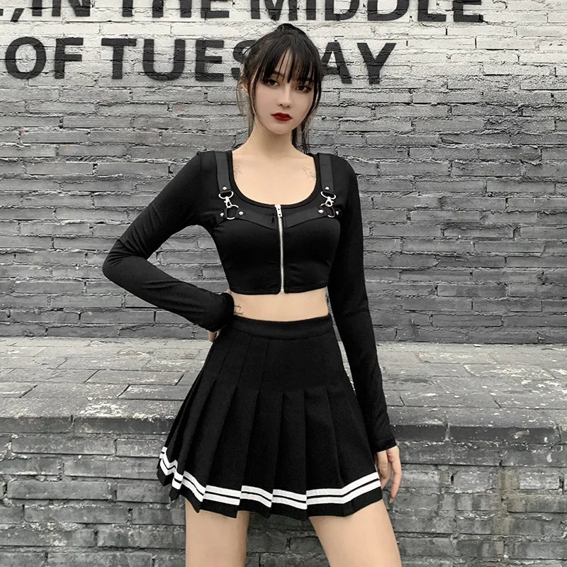 Women's Striped Pleated Mini Skirt – Gothic Y2K Streetwear A-Line Skirt