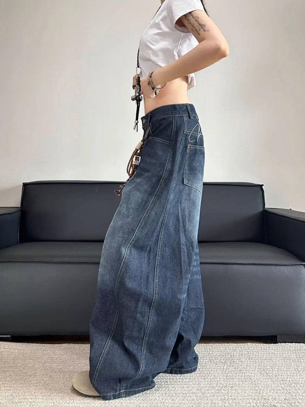 Women's Y2K Embroidered Patchwork Baggy Jeans – Vintage Wash Denim