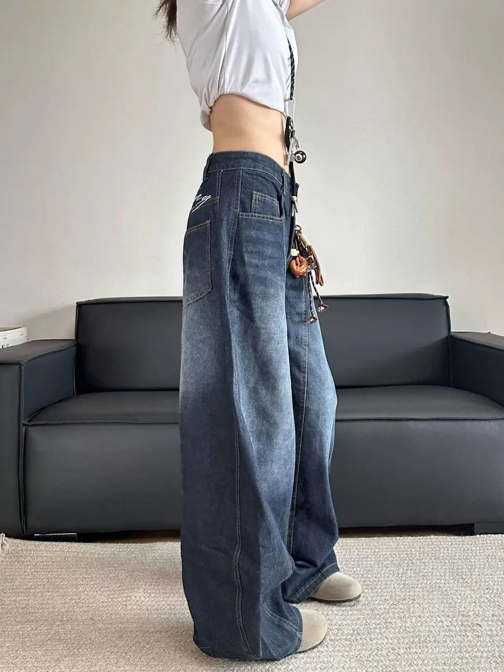 Women's Y2K Embroidered Patchwork Baggy Jeans – Vintage Wash Denim