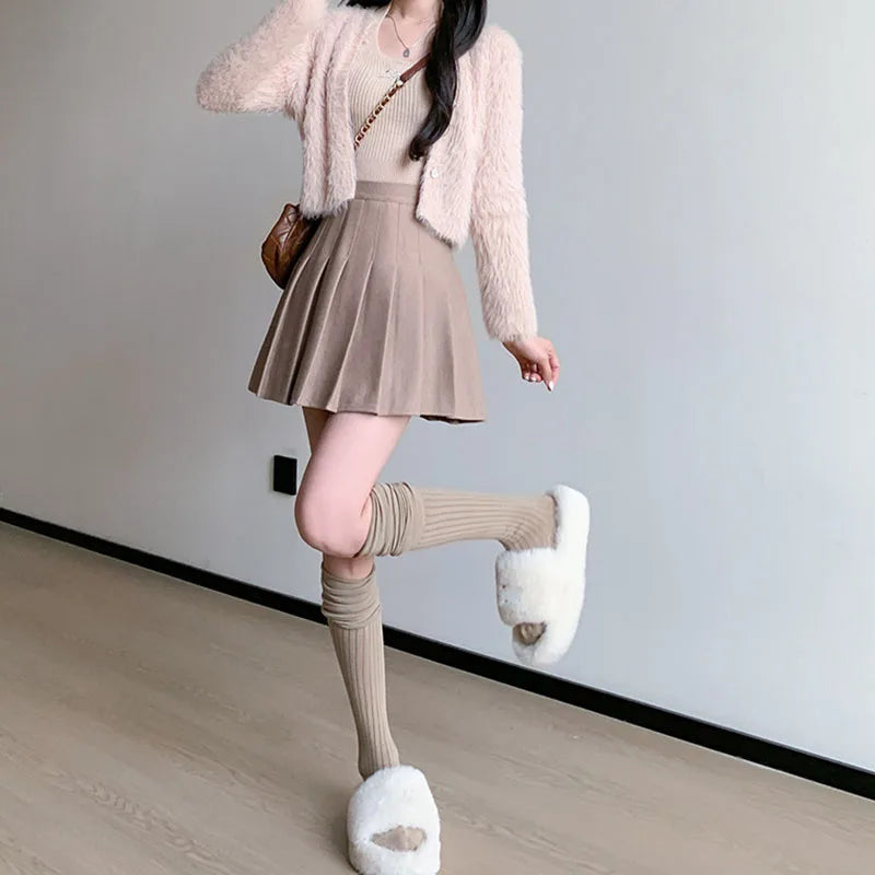 Women's High Waist Woolen Pleated Mini Skirt – Preppy Y2K Streetwear A-Line Skirt