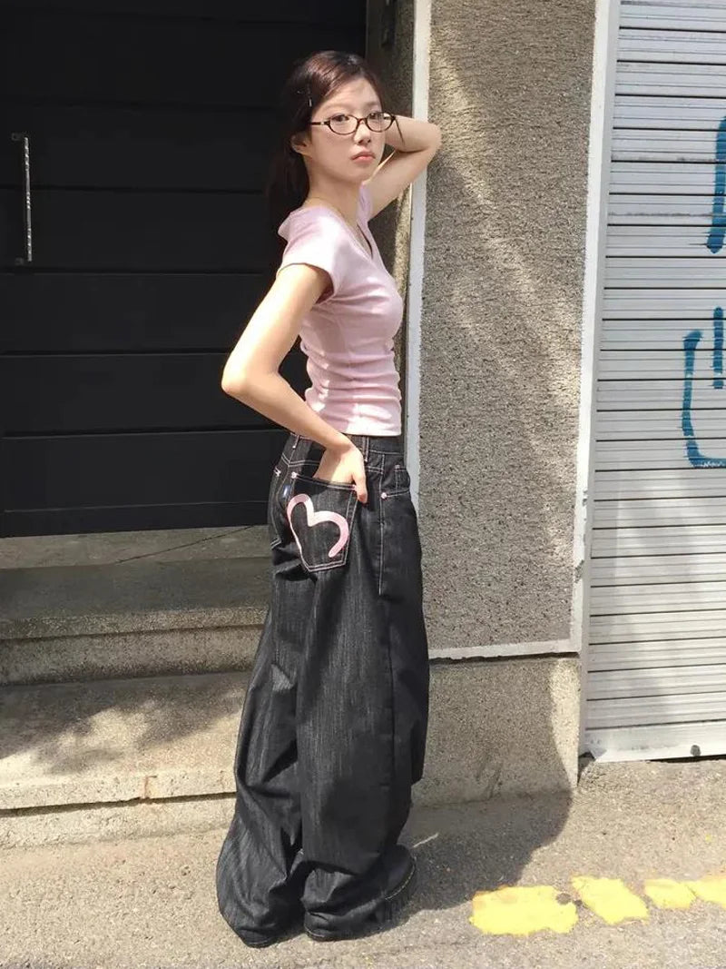 Women's Y2K Wide Fit Baggy Jeans – Dark Wash Streetwear Denim