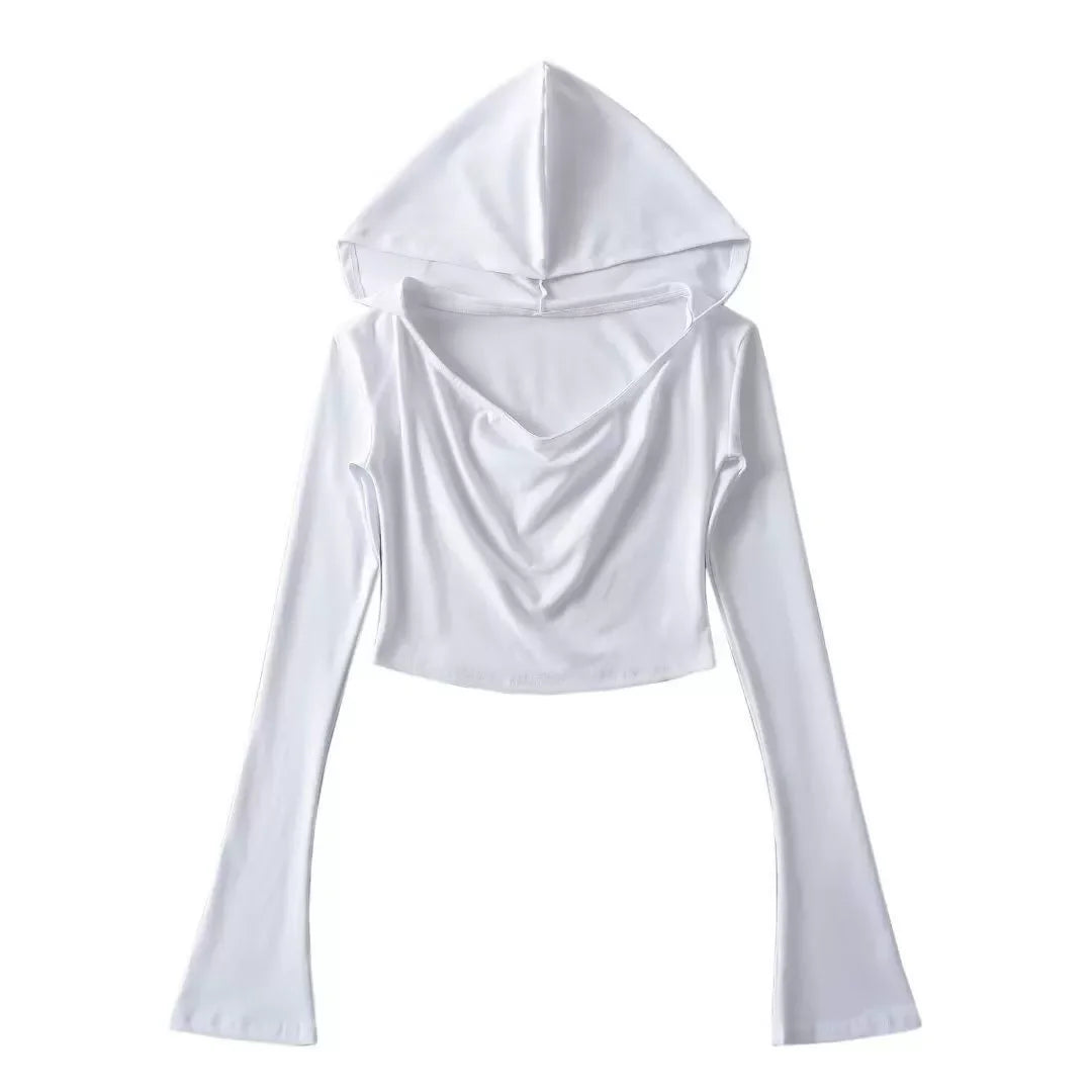 Women's Flare Hooded Crop Top – Y2K Streetwear Long Sleeve