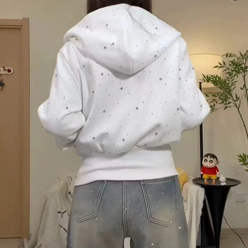Women's Rhinestone Studded Cropped Zip-Up Hoodie – Y2K Streetwear