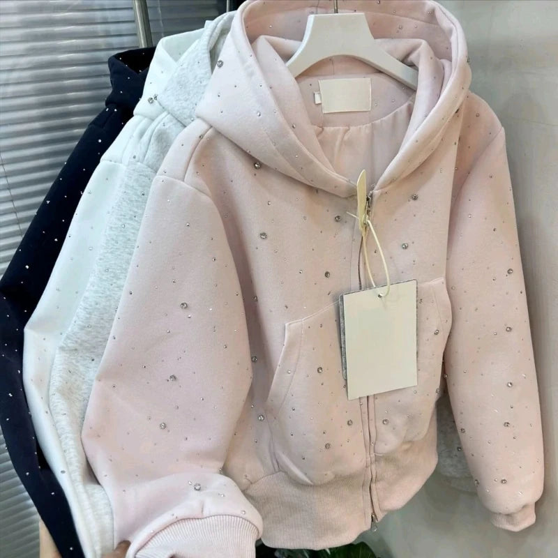 Women's Rhinestone Studded Cropped Zip-Up Hoodie – Y2K Streetwear