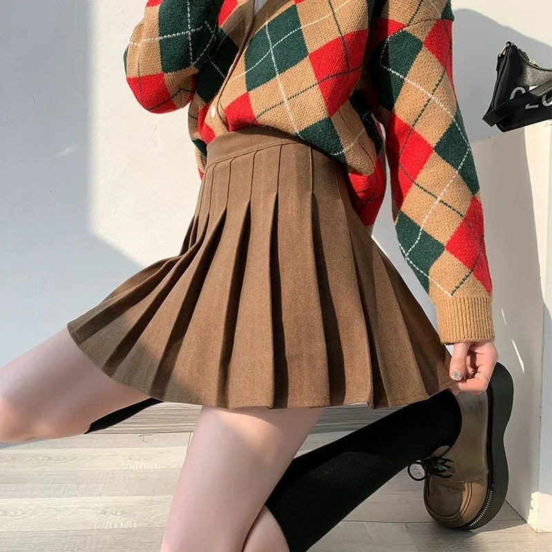 Women's High Waist Woolen Pleated Mini Skirt – Preppy Y2K Streetwear A-Line Skirt