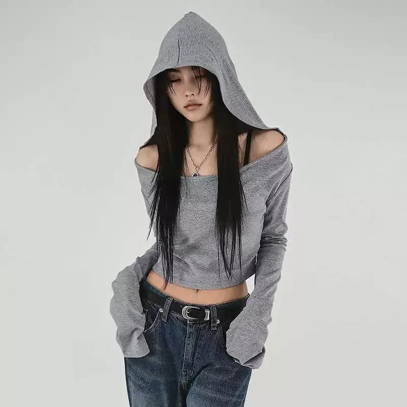 Women's Flare Hooded Crop Top – Y2K Streetwear Long Sleeve