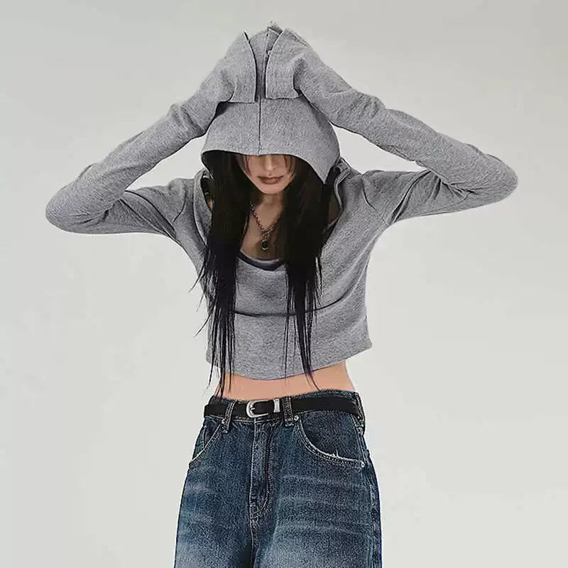 Women's Flare Hooded Crop Top – Y2K Streetwear Long Sleeve