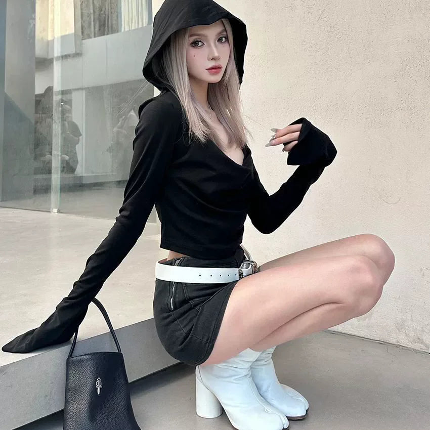 Women's Flare Hooded Crop Top – Y2K Streetwear Long Sleeve