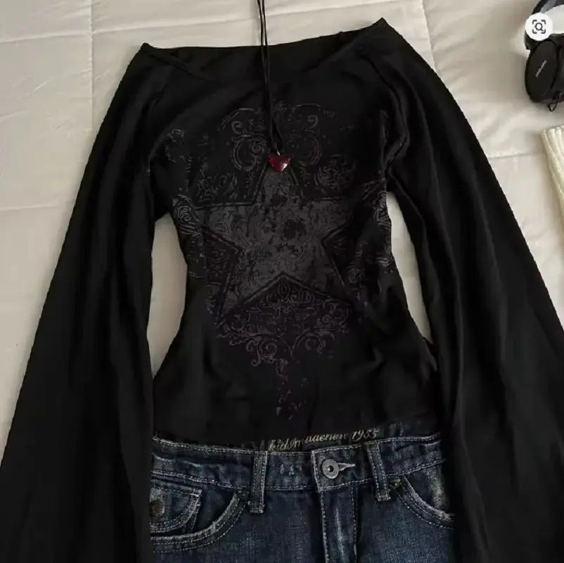 Women's Grunge Emo Star Print Long Sleeve Top – Y2K Streetwear