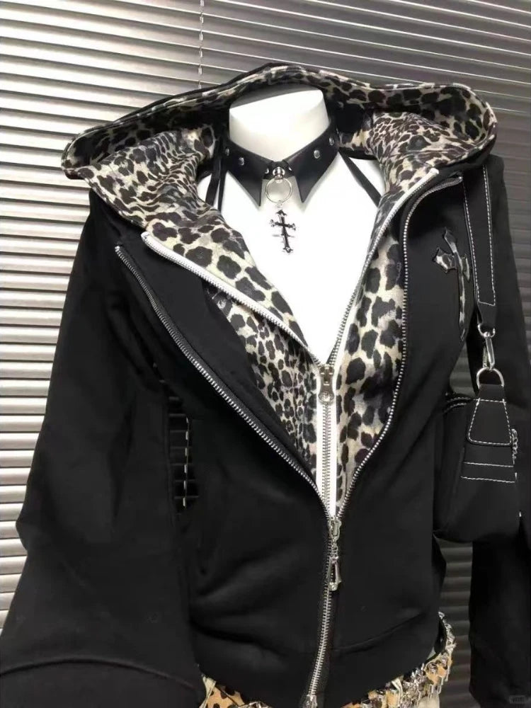 Women's Y2K Leopard Print Zip-Up Hoodie – Subculture Streetwear