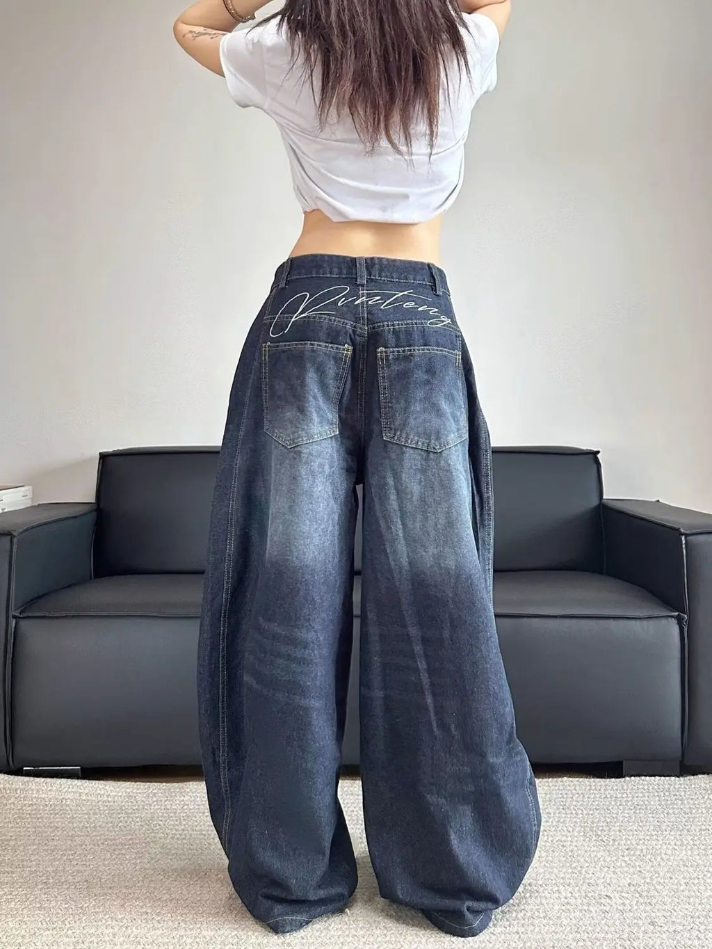 Women's Y2K Embroidered Patchwork Baggy Jeans – Vintage Wash Denim