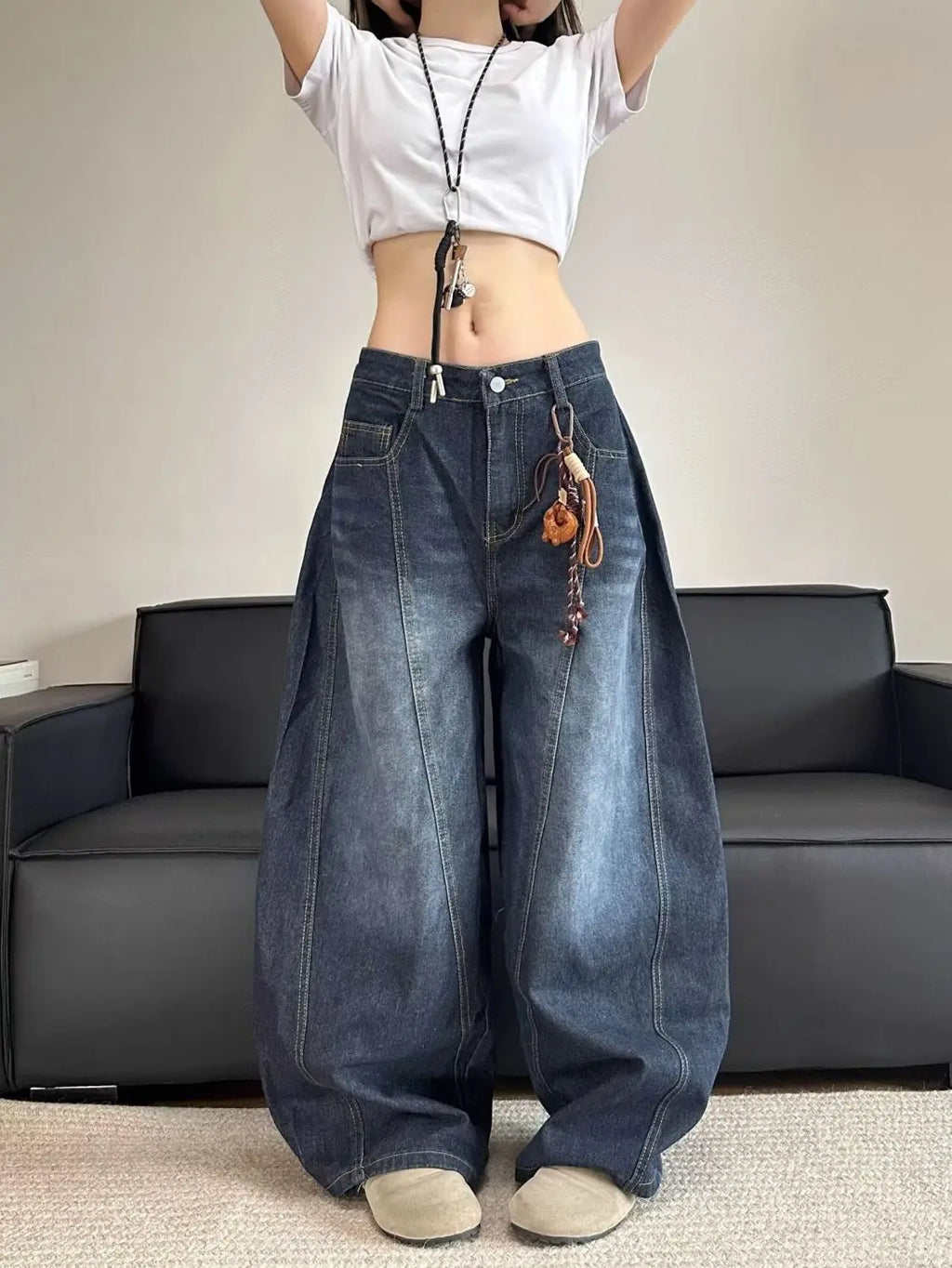 Women's Y2K Embroidered Patchwork Baggy Jeans – Vintage Wash Denim