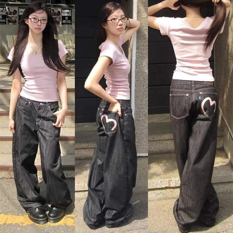 Women's Y2K Wide Fit Baggy Jeans – Dark Wash Streetwear Denim