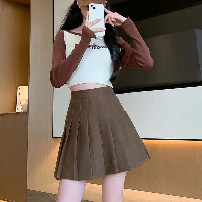 Women's High Waist Woolen Pleated Mini Skirt – Preppy Y2K Streetwear A-Line Skirt