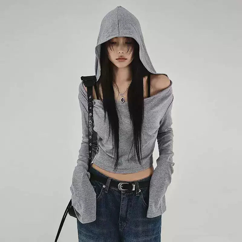 Women's Flare Hooded Crop Top – Y2K Streetwear Long Sleeve
