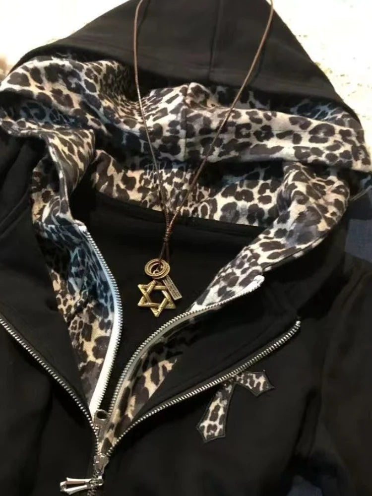 Women's Y2K Leopard Print Zip-Up Hoodie – Subculture Streetwear