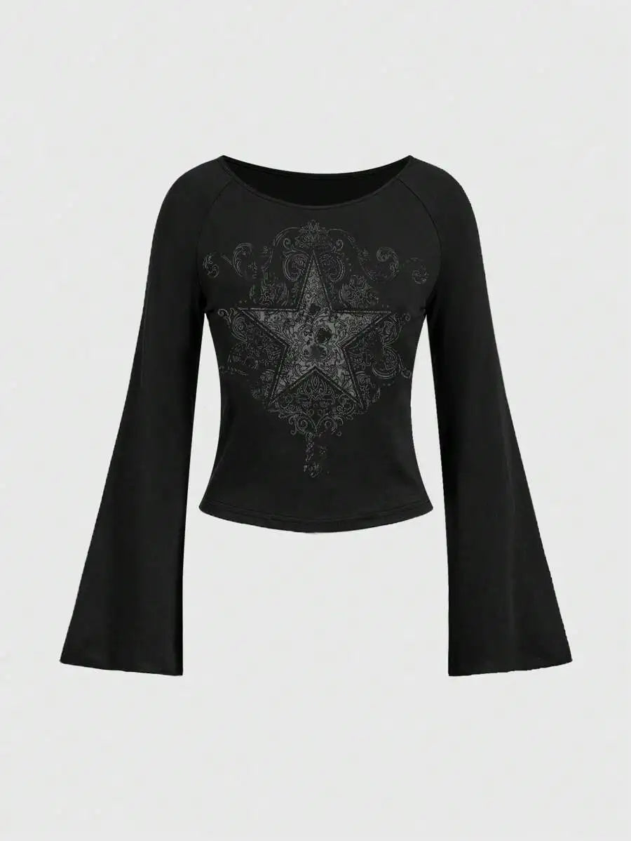 Women's Grunge Emo Star Print Long Sleeve Top – Y2K Streetwear