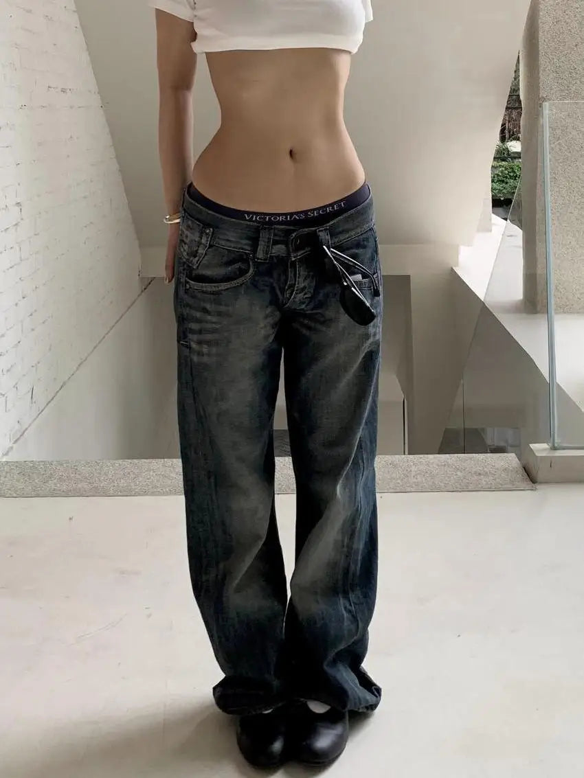 Women's Y2K Baggy Wide-Leg Jeans – Vintage Wash Denim